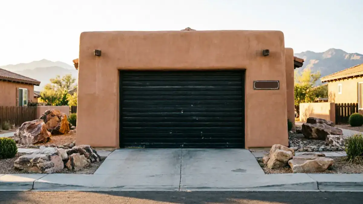 A dark garage door is centered on a tan stucco house with a concrete driveway.