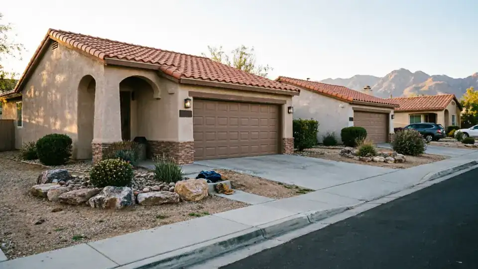 A brown garage door is on a stucco house with a tiled roof.