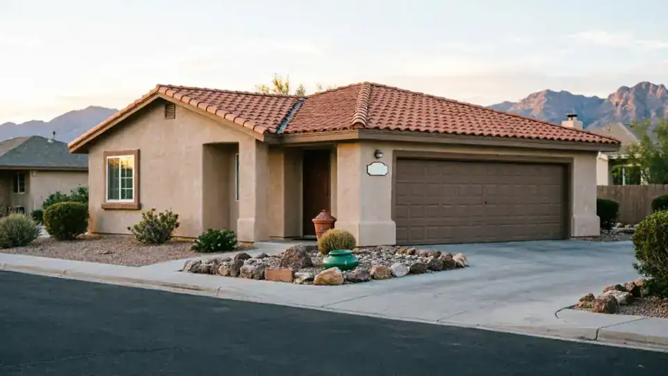 A brown garage door is on a stucco house with a red tile roof.
