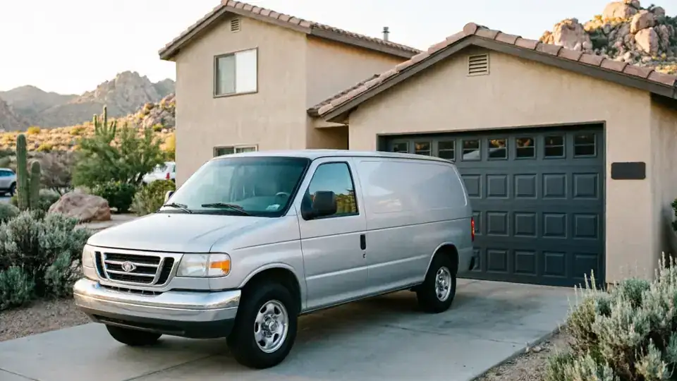 A silver van is parked in front of a house with a dark gray garage door.