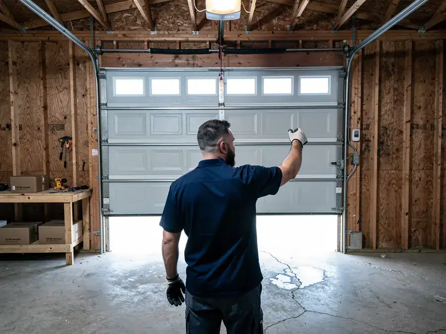 A technician stands in a garage looking at an open garage door.