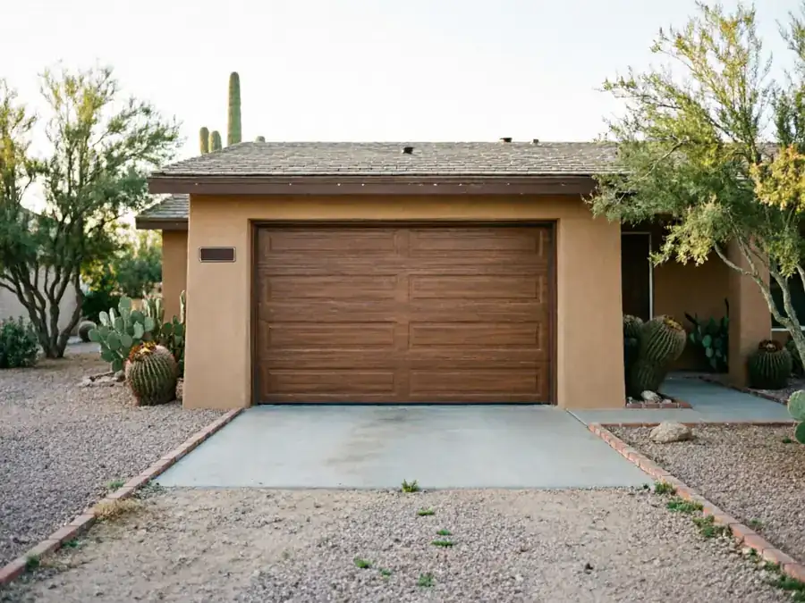 A brown garage door is on a tan house with desert landscaping.