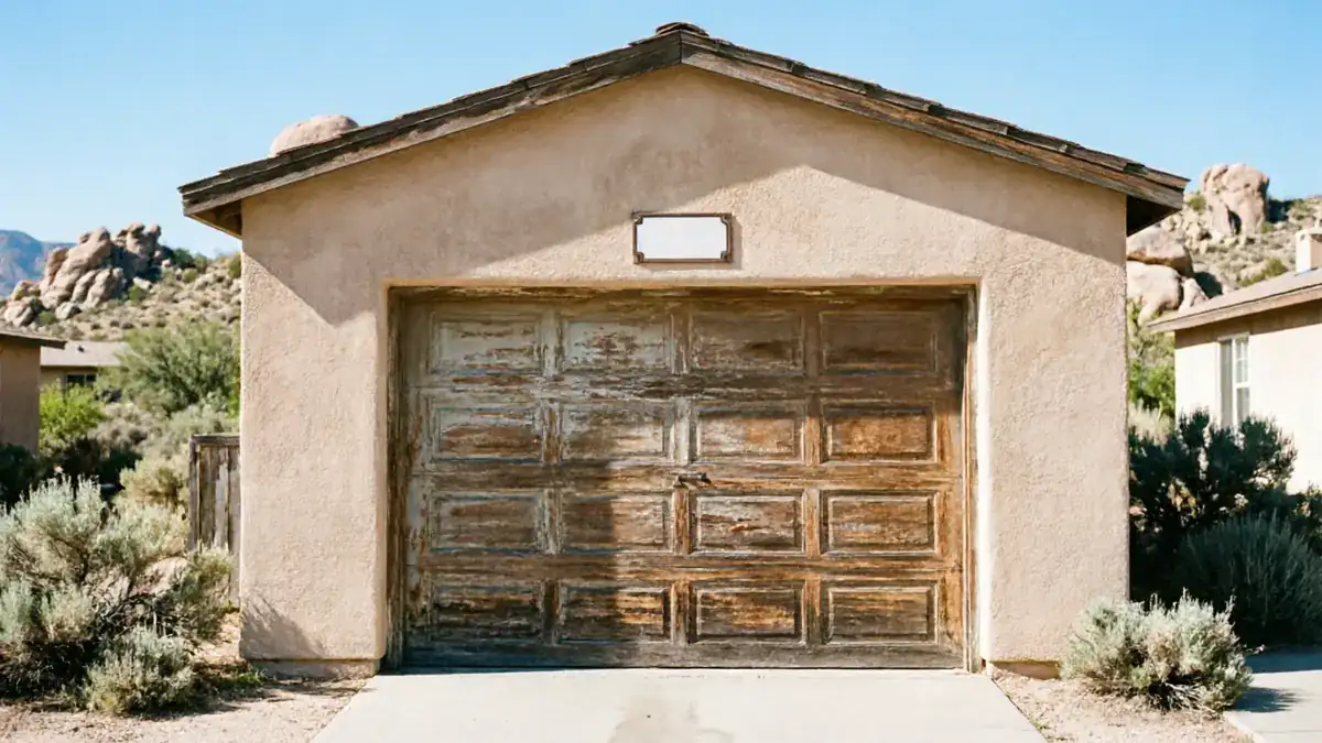 A stucco garage with a weathered wooden garage door and a blank sign above it.